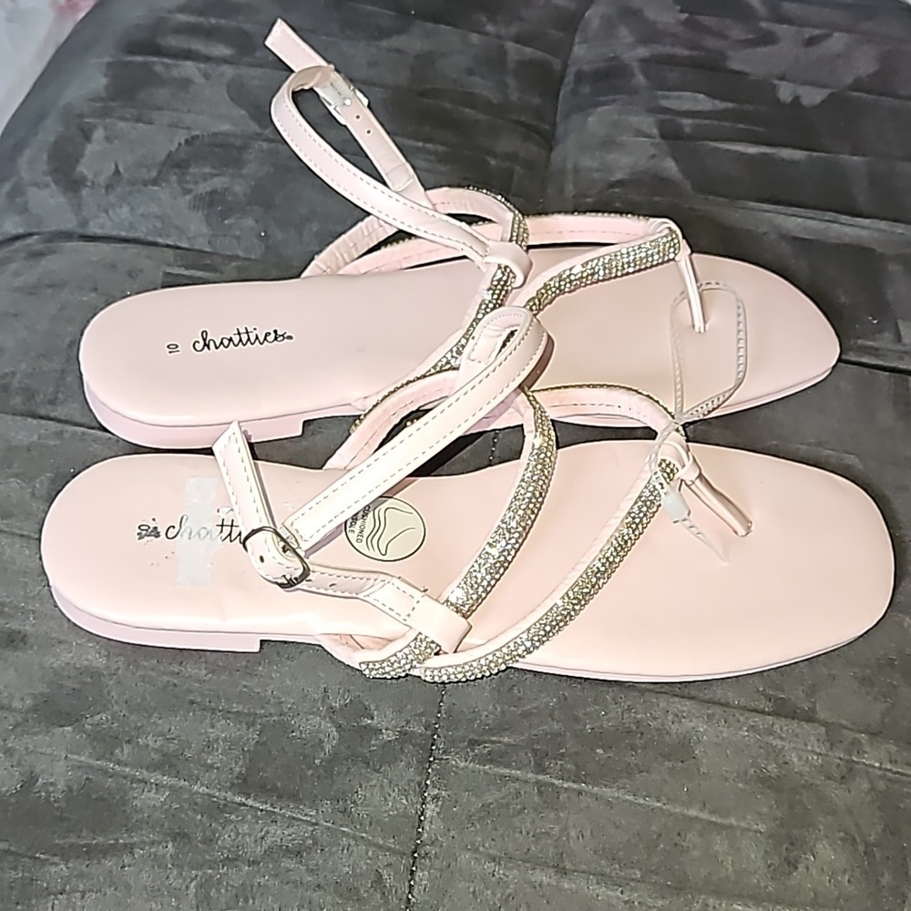 Chatties Light Pink Silver Rhinestone Adjustable Strap Open Toe Thong Sandal 10 - Picture 2 of 7